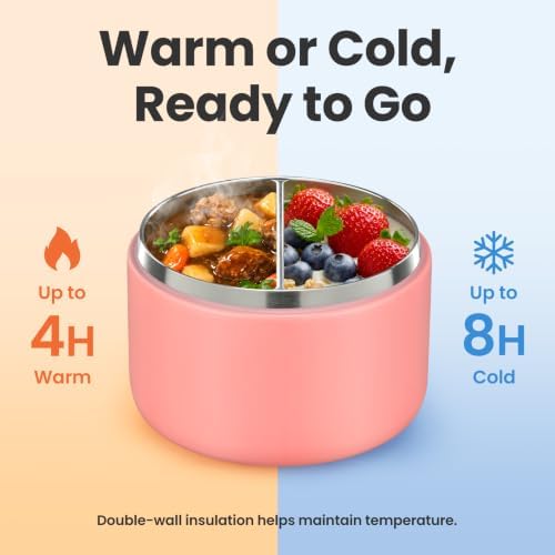 Pawtong 12oz Insulated Vacuum Food Jar with Buckle Lid Wide Mouth Soup Thermo for Hot Food Kids Leakproof Stainless Steel Lunch Container- Pink- 1Pack