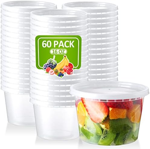 NEEBAKE 16 Oz Deli-Containers-with-Lids - 60 Set Plastic Food-Storage-Containers-with-Lids, Microwaveable & Freezer Safe To-Go-Containers, Leak-proof Soup Overnight Oats Meal-Prep-Containers