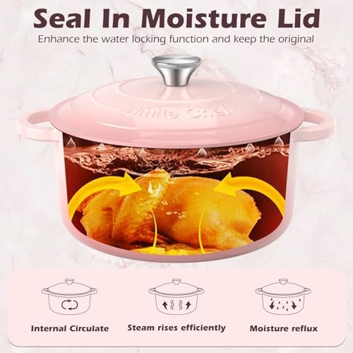 Umite Chef Enameled Cast Iron Dutch Oven-7QT Pot with Lid Cookbook & Cotton, Heavy-Duty Cookware for for Bread Baking, Braising, Stews, Marinate, Cook(Pink)