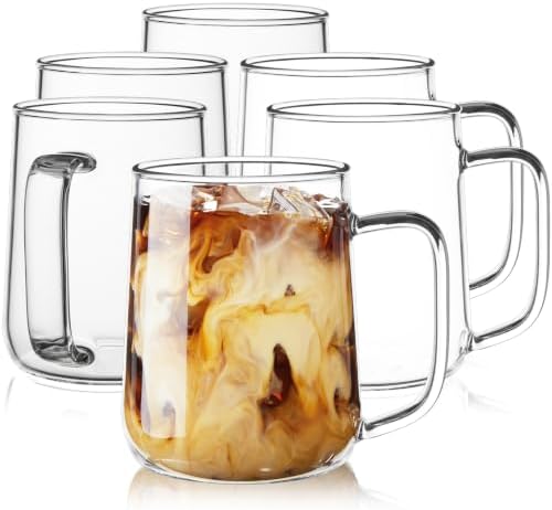 Large Glass Coffee Mugs, 20 oz Glass Coffee Cups Set of 6, Clear Borosilicate Glass Mugs with Handles for Cappuccino, Tea, Latte, Hot/Cold Beverages, Wine, Americano