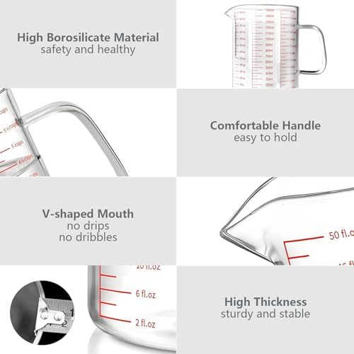 WhiteRhino Glass Measuring Cup,6Cup/1500ml/50oz Liquid Measuring Cups, Measuring Cup With Handle and V-Shaped Spout, Glass Beaker with Three Scales (OZ, Cup, ML), Dishwasher/Freezer/Microwave Safe