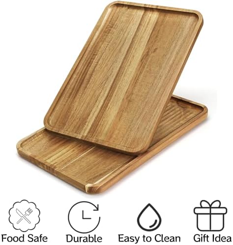 YOUEON Set of 2 Acacia Wood Serving Tray with Raised Edge, 14.2 x 9.5 Inch Rectangular Serving Tray, Appetizer Cheese Plate, Sandwich Dessert Trays, Wood Plates for Food, Coffee, Fruit, Cookie