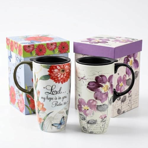 Topadorn 17oz Ceramic Travel Mugs Set of 2, Floral Coffee Mugs with Lids