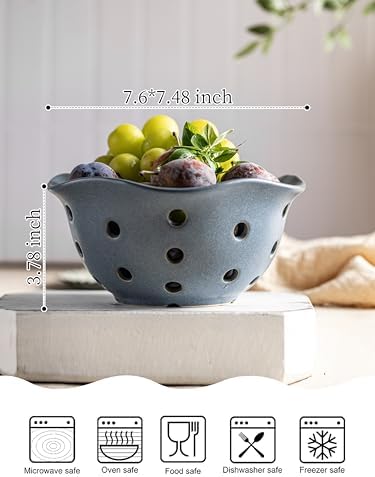 Gomakren Fruit Basket Set of 2, Berry Bowls with Holes Ceramic, Slate Blue
