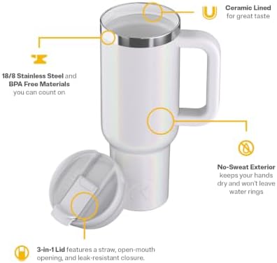 RTIC 40oz Road Trip Tumbler, Insulated, Ceramic Lined, White Glitter