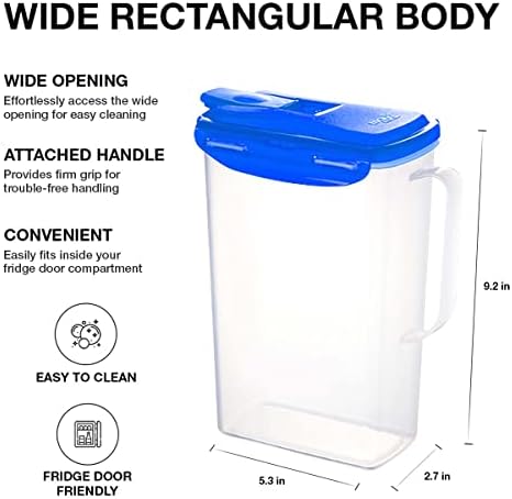 LocknLock Aqua Fridge Door Water Jug with Handle BPA Free Plastic Pitcher with Flip Top Lid Perfect for Making Teas and Juices, 2 QT, Blue (Pack of 5)