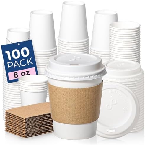 Fit Meal Prep 100 Pack 8 oz Disposable Coffee Cups with Lids, Sleeves, Leak-Proof To Go Coffee Cups with Lids, Durable Hot Paper Cups for Hot Cocoa and Coffee Bar Supplies