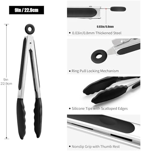 Doosu Kitchen Tongs with Silicone Tips for Cooking Serving (9in, Black)
