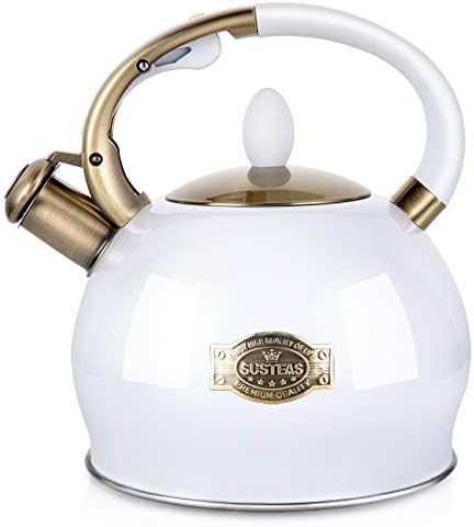 SUSTEAS Whistling Tea Kettle, 2.7QT Food-Grade Steel Teapot, WHITE
