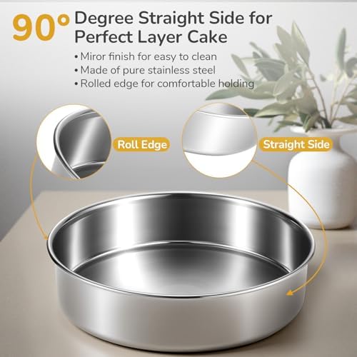 8 inch Cake Pans, Round Baking Layer Cake Pan Set of 2, Stainless Steel Mirror Finish & Dishwasher Safe for Birthday, Party, Wedding