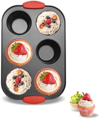 Jumbo Muffin Pan with Silicone Handles, Non Stick 6 Tin Muffin Top Pan