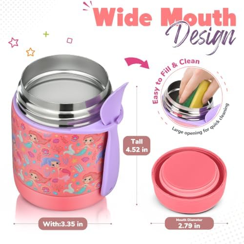 10oz Soup Thermo for Hot Food Kids,Lunch Thermo Kids Food Jar with Spoon Hot Insulated Food Containers,Leak Proof Stainless Steel Wide Mouth Lunch Thermo Jar for School(Pink-Mermaid)