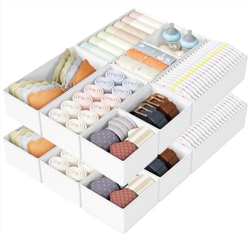 DIMJ Drawer Organizers Clothes, Set of 16 Dresser Organizer Bins, Fabric Closet Organizers and Storage, Shallow Drawer Dividers for Nursery, Clothing, Baby Clothes, Socks, Underwears, Tie (White)