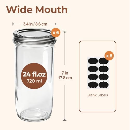 ComSaf 24 oz Wide Mouth Mason Jars 6 Pack, Tall Glass Jars with Lids