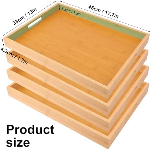 4 Pack Large Bamboo Serving Tray with Handles - 18 x 13 Inch Wooden Dinner Tray, Home Kitchen Decorative Tray, Breakfast Trays for Eating on Couch, Lap Trays, Coffee, Kitchen, Picnic