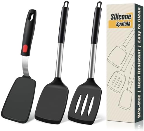 Silicone Spatula Set, Heat Resistant Solid & Slotted Turner for Non-Stick Pans, Silicone Cooking Utensils Set, BPA-Free, Flexible Spatula Turner for Flipping Eggs, Burgers, Pancakes, Black, 3 PCS-A