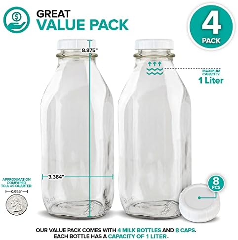 Stock Your Home Liter Glass Milk Bottle with Lid (4 Pack) 32 Oz Jugs and 8 White Caps, Reusable Food Grade Container for Refrigerator, Juice, Oat or Plant Milks, Water, Honey