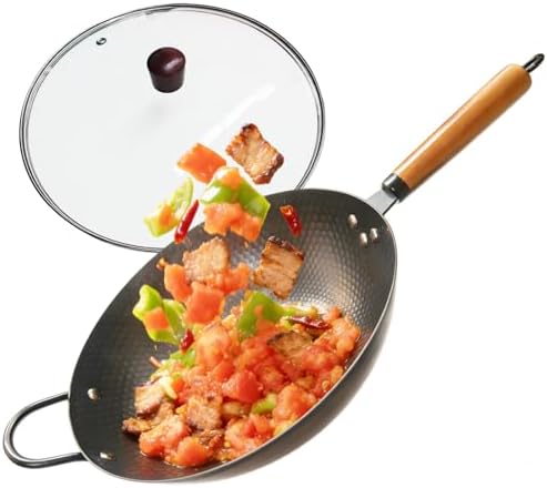 Nonstick Wok,Carbon Steel Wok 12.8-Inch Pan with Glass Lid,Woks & Stir-Fry Pans for Frying Electric,Induction,Gas Stoves Cooking