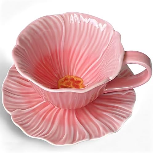 10 oz Tea Cups and Saucers, Ceramic Flower-shaped Cappuccino Cup, Latte Cup and Saucer set, elegant floral Espresso Cup set, Suitable for microwave and dishwasher-Pink