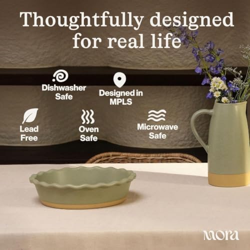 MORA Ceramic Pie Pan for Baking - 9 inch - Deep and Fluted Pie Dish for Old Fashion Apple Pie, Quiche, Pot Pies, Tart, etc - Modern Farmhouse Style Porcelain Ceramic Pie Plate - Dawn