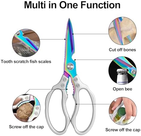 CGBE Kitchen Scissors, Multi-Purpose Kitchen Shears, Heavy Duty Dishwasher Safe Food Scissors for Chicken, Poultry, Fish, Meat & Herbs with Non-Slip Grips - Sliver Colorful