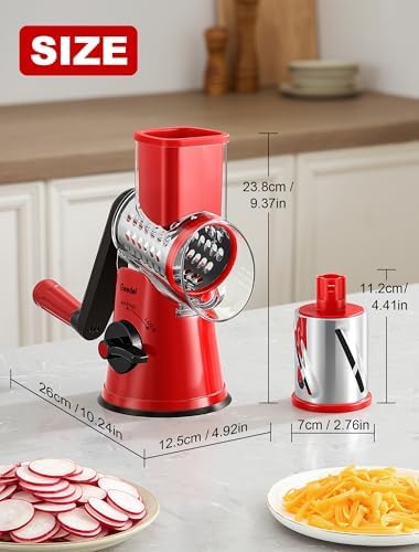 Geedel Rotary Cheese Grater Vegetable Shredder With 6 Interchangeable Blades No Slip Suction Base, Mandoline Slicer & Food Chopper for Cheese, Ice, Nuts, Vegetables, Veggie