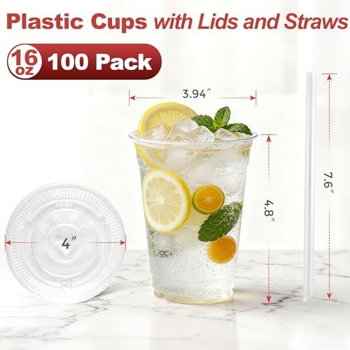 Ginkgo 100 Pack - 16 oz Clear Plastic Cups with Lids and Straws