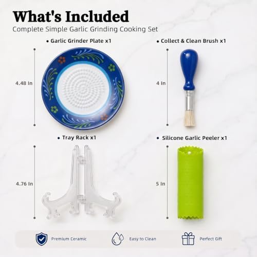 Ceramic Garlic Grater Plate Set – Hand-Painted Floral 4-Piece Set with Silicone Peeler, Cleaning Brush & Display Stand – Porcelain Grater Dish for Garlic & Ginger (Blue)