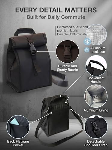 ZM-YOUTOO Insulated Foldable Lunch Bag- Lightweight Portable with Adjustable Shoulder Strap Lunch Box for Men, Women, Office, Work, Picnic, Hiking and Beach (Black(Soft Fabric))