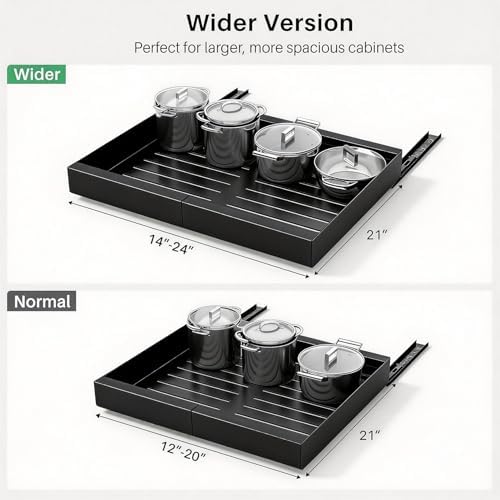 Pull out Cabinet Organizer, Wider Expandable(14"-24") Heavy Duty Slide out Drawers Fixed with Adhesive Nano Film for Pots and Pans, Roll out Shelf Storage for Kitchen Base Organization 2-Pack