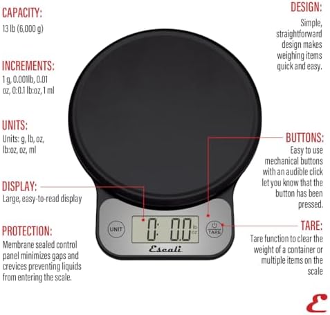 Escali Telero Digital Food Scale, High Precision Kitchen Scale for Cooking, Baking, Portion Control, Meal Prep, Weigh in Grams and Ounces, 11 lb Capacity, Black (T136)