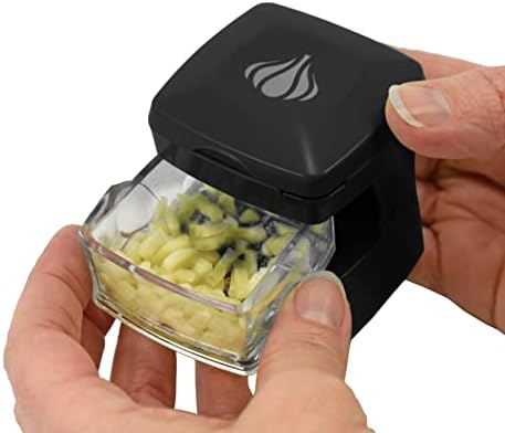 Garlic-A-Peel Garlic Press, Crusher, Cutter, Mincer, and Storage Container - Includes Silicone Garlic Peeler - Easy to Clean - Stainless Steel Blades – (Black), standard
