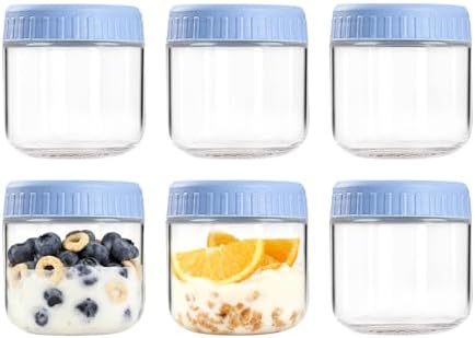 Overnight Oats Containers with Lids, 10oz Wide Mouth Mason Jars with Lids, 6 Pack Glass Jars with Airtight lid for Chia Pudding Yogurt Salad, Meal Prer Oatmeal Jars, Blue