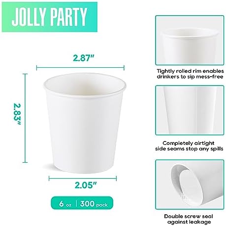 JOLLY PARTY 300Pack 6oz Disposable Paper Coffee Cups White Hot Coffee Cups
