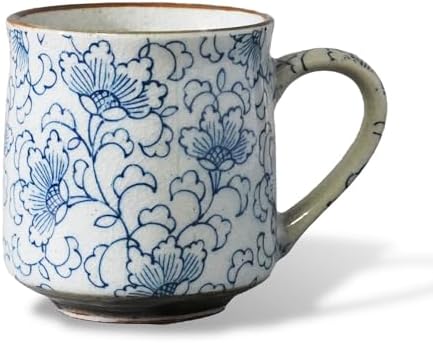 Nostalgic Mino Ware Ceramic Sometsuke Small Mug Cup - Japanese Crafted, Floral Pattern, Comfort Grip Handle, For Coffee and Green Tea or Soup, Matcha Tea, Gift Box Included (Arabesque)