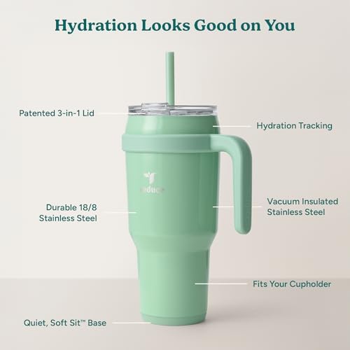 REDUCE 40 oz Stainless Steel Tumbler with Handle - Dual-Wall Vacuum Insulated Travel Mug, Sweat-Proof Lid & Reusable Straw - Keeps Drinks Cold for 24 Hrs, Fits Cupholders, Dishwasher Safe - Matcha