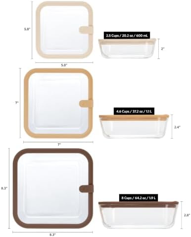 Glad Glass Food Storage Containers, Set of 3 - Airtight Vacuum Sealed Steam Vent Lids - Square Borosilicate Glass Dishes with Ombre Green Lids - Assorted Sizes for Meal Prep & Leftovers, Brown