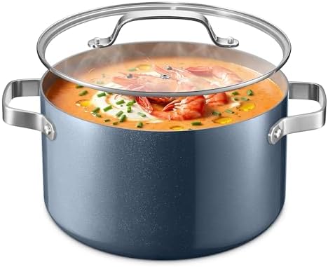 Bakken 8.5 Quart Ceramic Coated Stock Pot with Lid, Easy Clean Nonstick Pot, Tempered Glass Lid, Riveted Stainless Steel Handles, Oven Safe Up To 500°F, PTFE & PFAS Free, All Stove Compatible, Blue