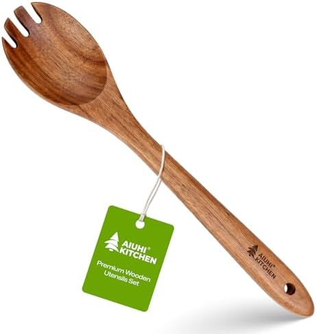 AIUHI Wooden Salad Spoon Fork, 2-in-1 Teak Wood Cooking Utensil, Long Handle Non-Stick Safe Pasta Server for Mixing Tossing Serving Salad Pasta and Fruits
