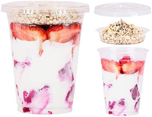 Aatriet 16 oz Clear Plastic Parfait Cups with Insert 4oz & Flat Lids No Hole - (50 Sets) Yogurt Fruit Parfait Cups for Kids, for Dips and Veggies, Take Away Breakfast and Snacks. No Leaking