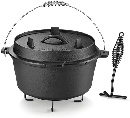 Velaze 10 QT Pre-Seasoned Cast Iron Camping Dutch Oven Pot with Lid