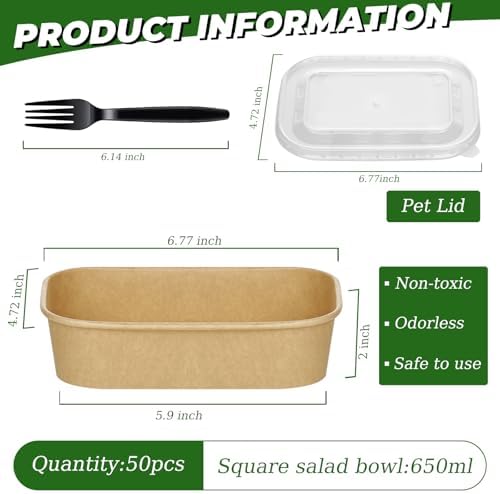 DI QIU REN 50-Pack 22oz Paper Bowls, Disposable Food Containers with Lids and Forks, Rectangular Disposable Salad Bowls for Diet Salad, Pasta (kraft Paper Rectangular, 22oz 50 Count)