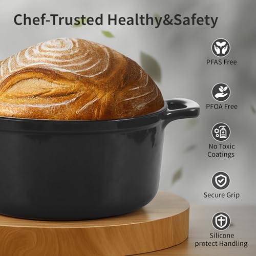 Enamel Cast Iron Dutch Oven with Lid, Round Casserole Pot for Bread Baking, Braising, Roasting, and Stews, Heavy-Duty, Oven Safe, Induction Compatible (4.7QT,Grey)