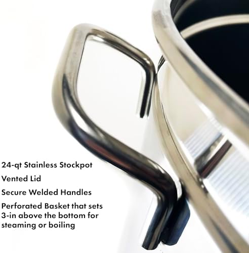 Bayou Classic 1124 24-qt Stainless Stockpot w/Lid And Basket Includes Vented Lid Perforated Stainless Steel Basket Perfect For Steaming Boiling and Frying