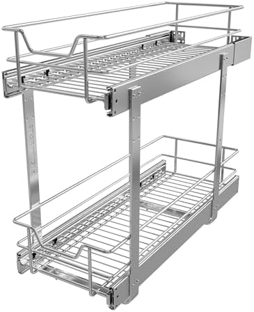 2 Tier Pull Out Cabinet Organizer 9" W X 22" D, Chromed, Full Slide Out