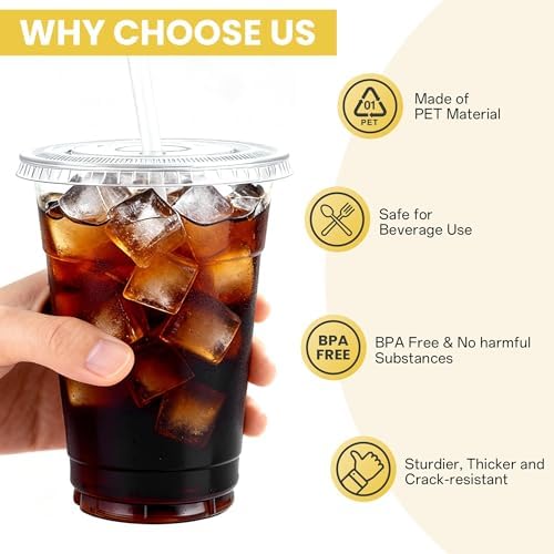 100 Pack 16 oz Plastic Cups with Lids and Straws, Clear Disposable Plastic Cups, Heavy Duty Iced Coffee Cups with Leak-Resistant Lids, Cold Drink Cups for Smoothies, Juice, Soda & Party To Go