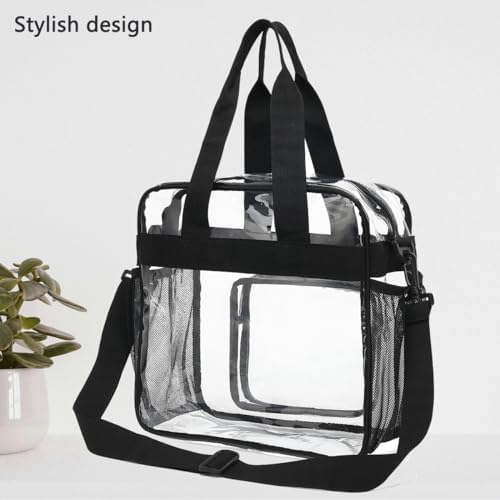 FlowFly Clear Bag for Stadium Events With Shoulder Strap for Women, Men, Large and Reusable Lunch Container, Work and Sporting Events, Travel 12x6x12 Clear Tote Bag, Clear#Black