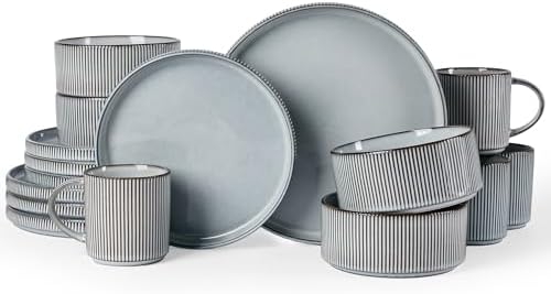 Famiware Star Dinnerware Sets with Mugs, Ceramic Plates and Bowls Set for 4