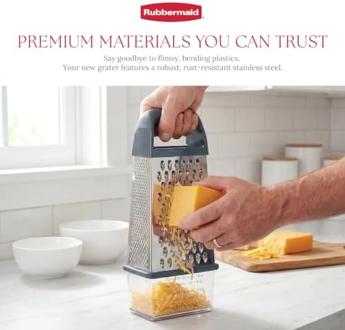 Rubbermaid EZ Grip Box Grater, Stainless Steel Cheese Grater & Container - BPA Free Multi-Surface Cheese Shredder & Food Grater Silver Blue | Graters for Kitchen -Non-Slip Base, Dishwasher Safe