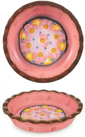 Ceramic Pie Pan for Baking, 10.6 inch Hand-Painted Pie Plate for Cooking, 37 oz Deep Dish Pie Pans, Non-Stick Pie Dishes for Apple Pie, Tart, Pizza, Quiche, Oven & Dishwasher Safe, Lead-Free, Pink